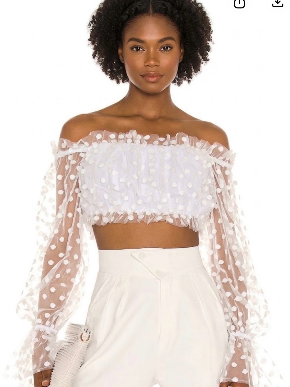 MAJORELLE Revolve White Sheer Polka Dot Off-Shoulder Ruffle Top Sz S